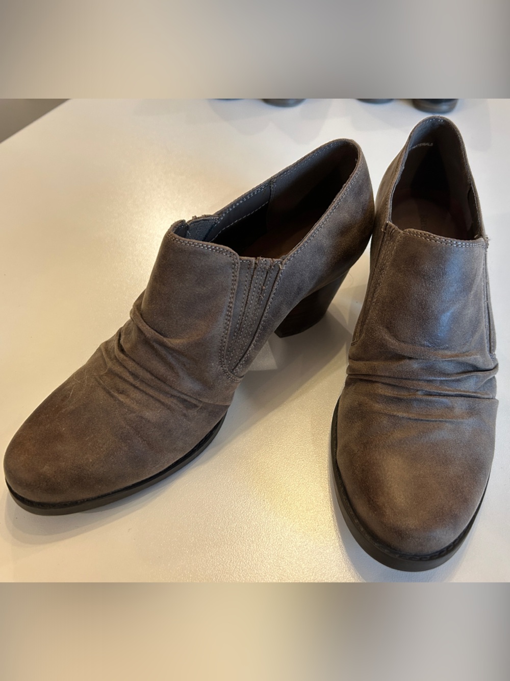 BareTraps Taupe Suede Ankle Booties with Stacked Heel